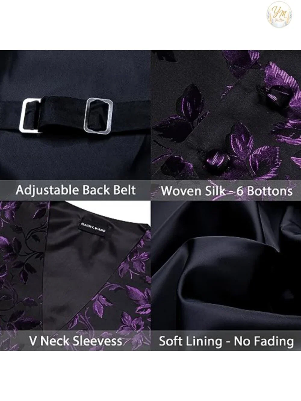 Men's Formal Floral Jacquard Suit Vest 5-Piece Set V-Neck Slim Fit Wedding